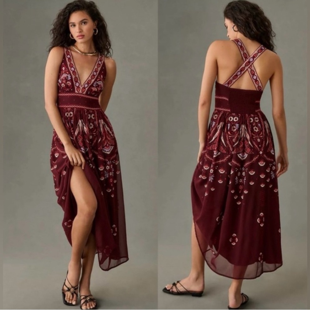 Anthropologie V Neck Deco Midi Dress‎ Embroidered Floral Wine Red Medium